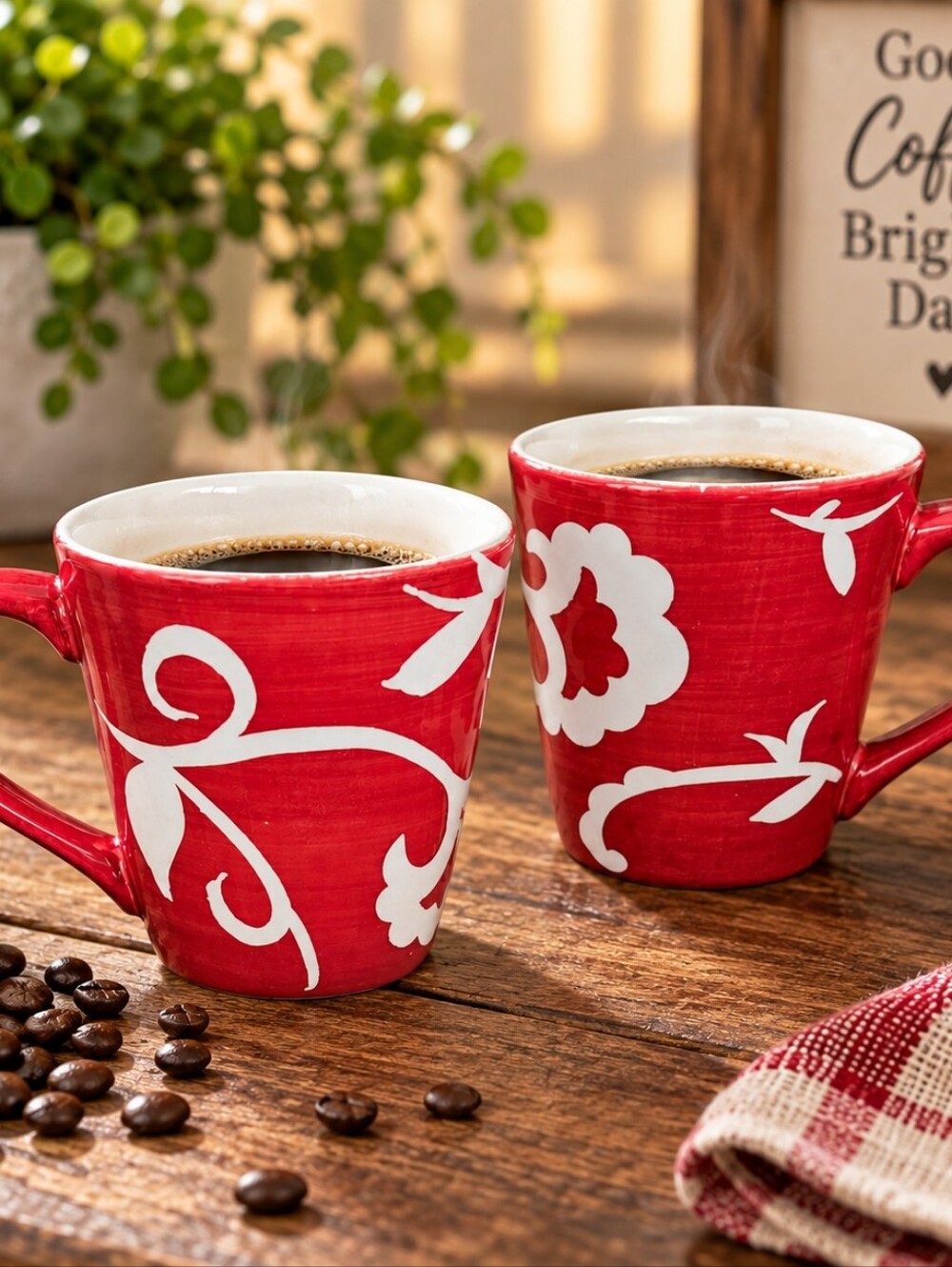 Sandra By Sandra Lee Set Of Two Red White Floral Damask Stoneware Mugs Cottage